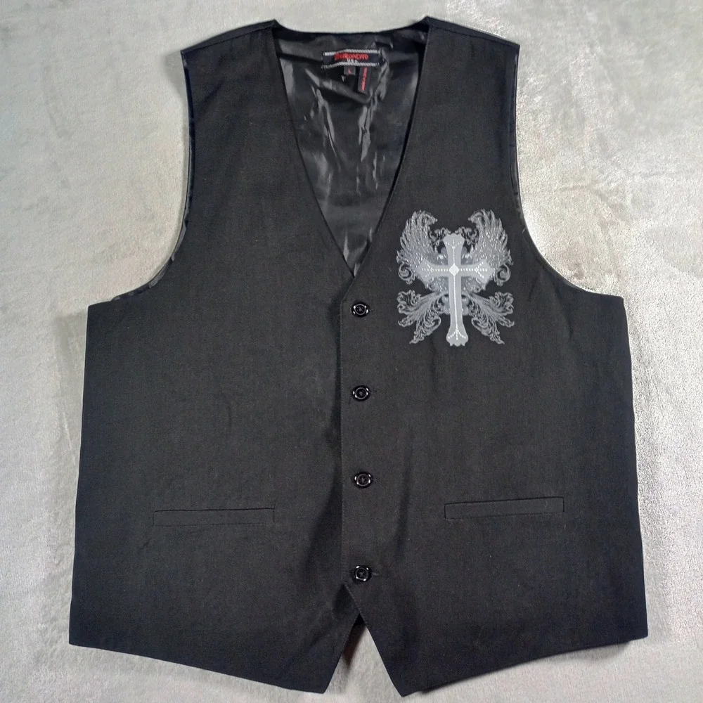 Patroncito USA Vest Mens Large Black Winged Cross Graphic Gothic Biker Emo Punk